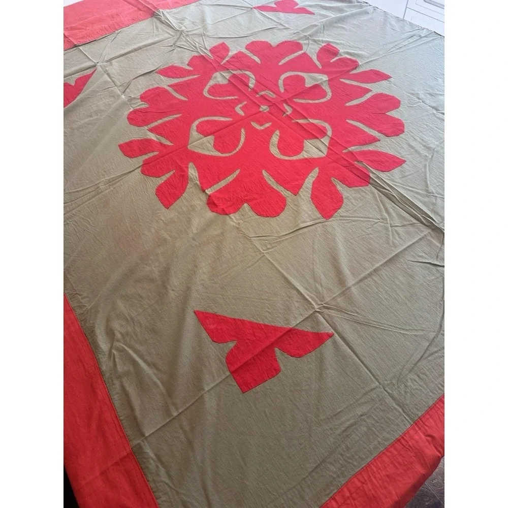 Handmade Hawaiian Applique Cotton Bedspread 2 Pillowcases Olive Coral Boho